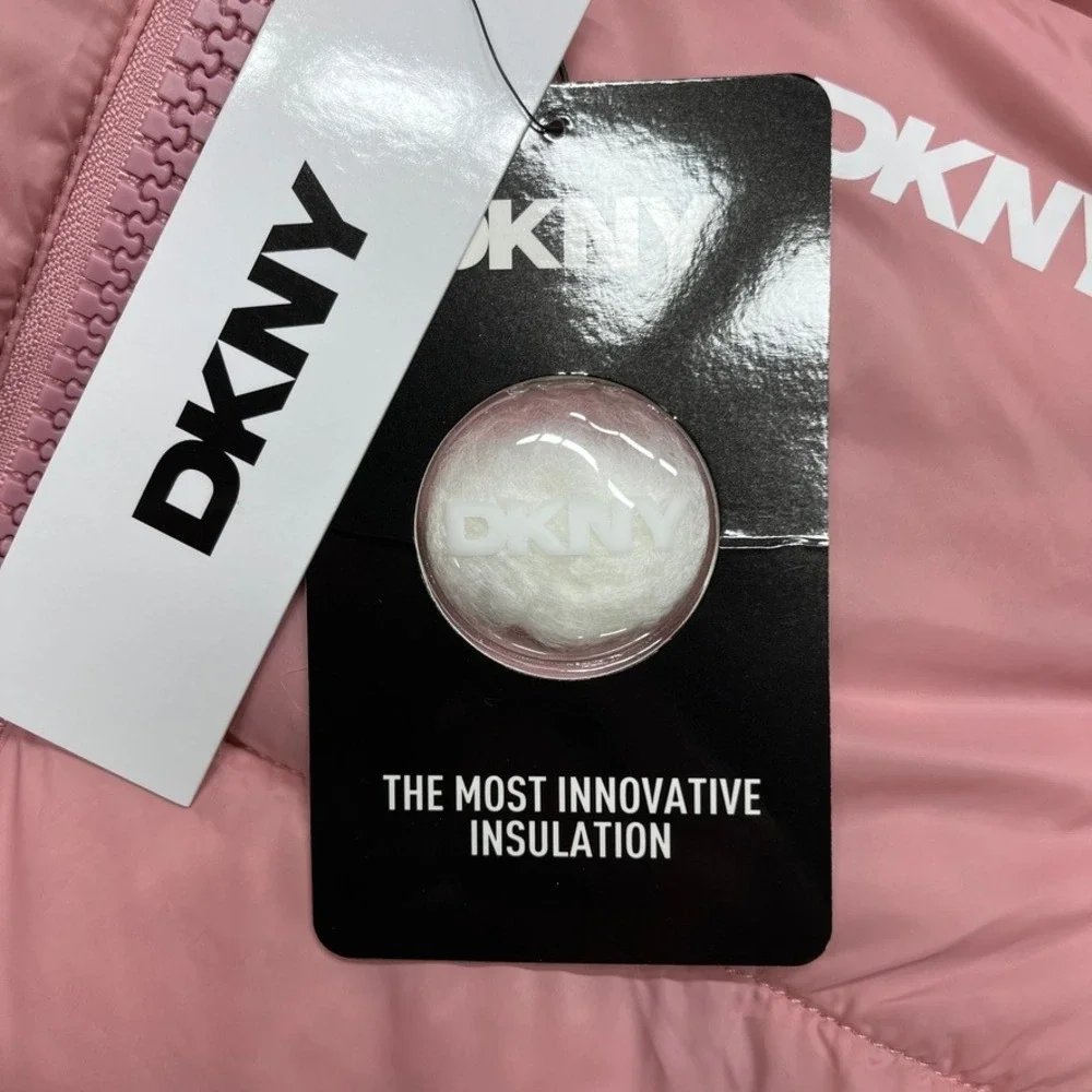 DKNY Girls Pink Puffer Jacket Faux Leather Sleeves Size 10/12 Y2K Streetwear
